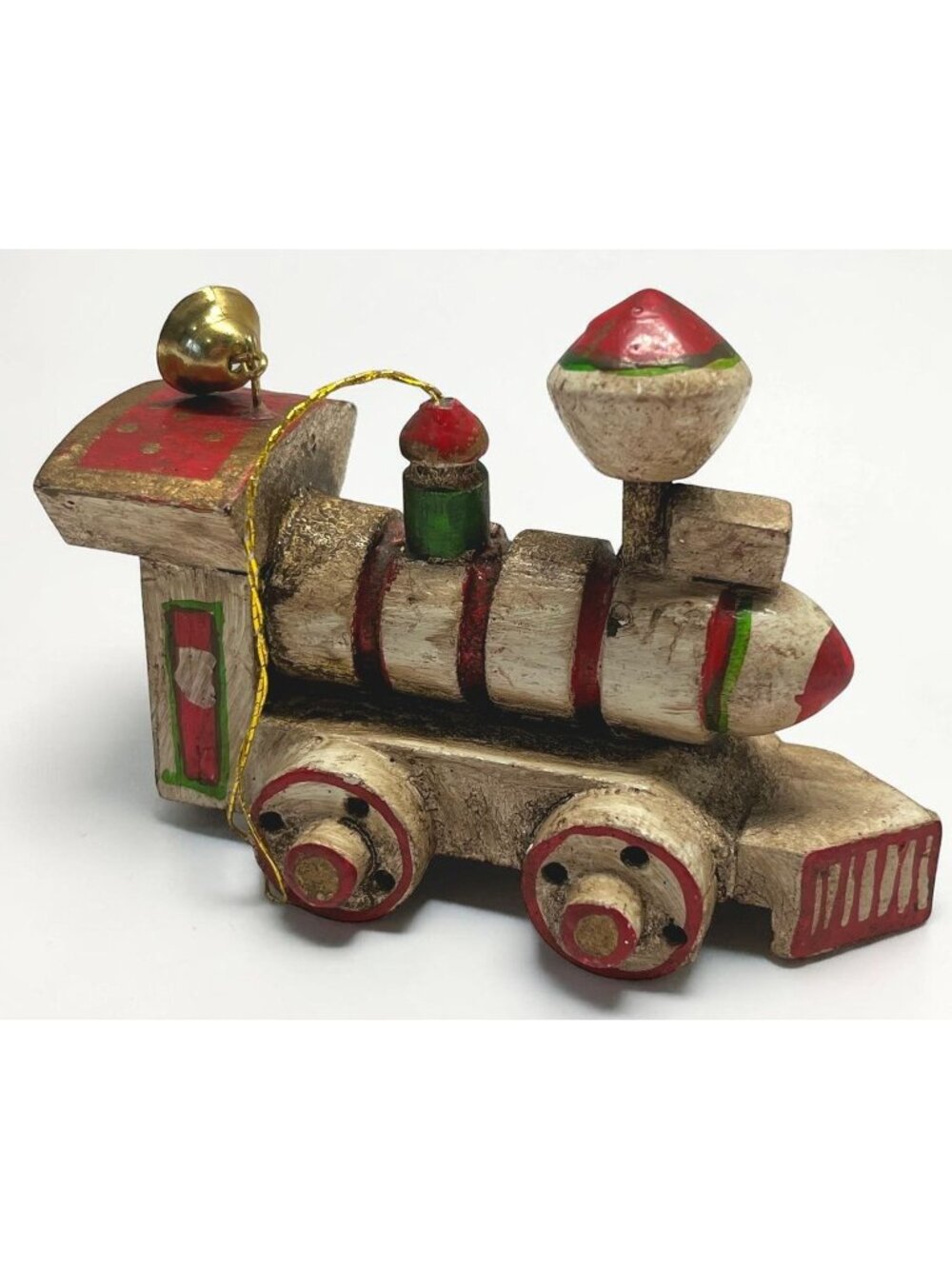 Rustic Wooden Train Christmas Ornament Steam Engine with Bell Vintage Enesco